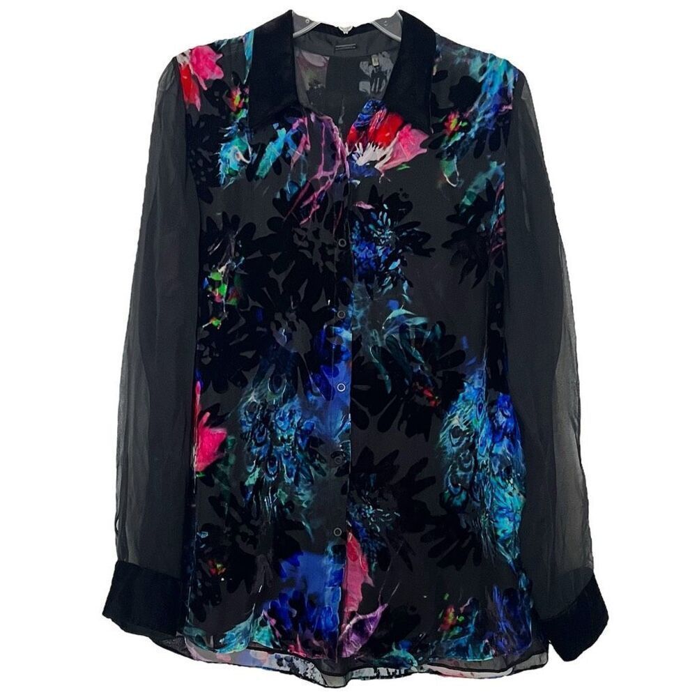 Elie Tahari Velvet Tunic Shirt Medium Floral Burn Out Top Artsy Lagenlook Sheer